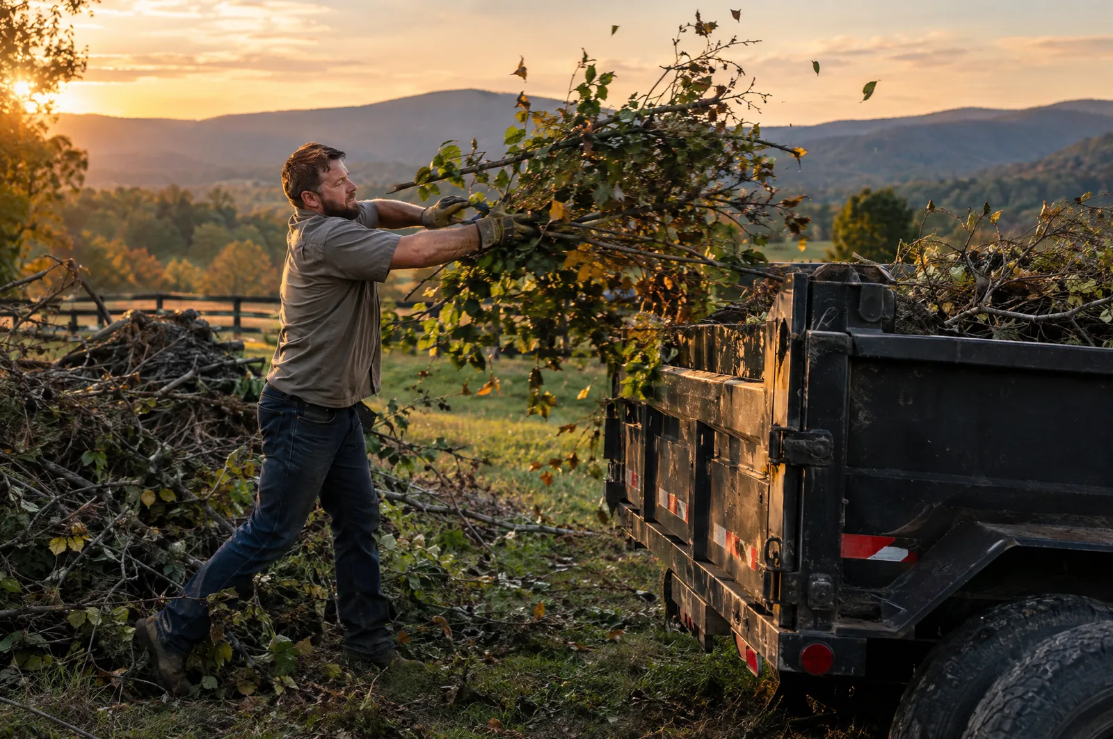 A man throwing storm branches onto a loaded trailer