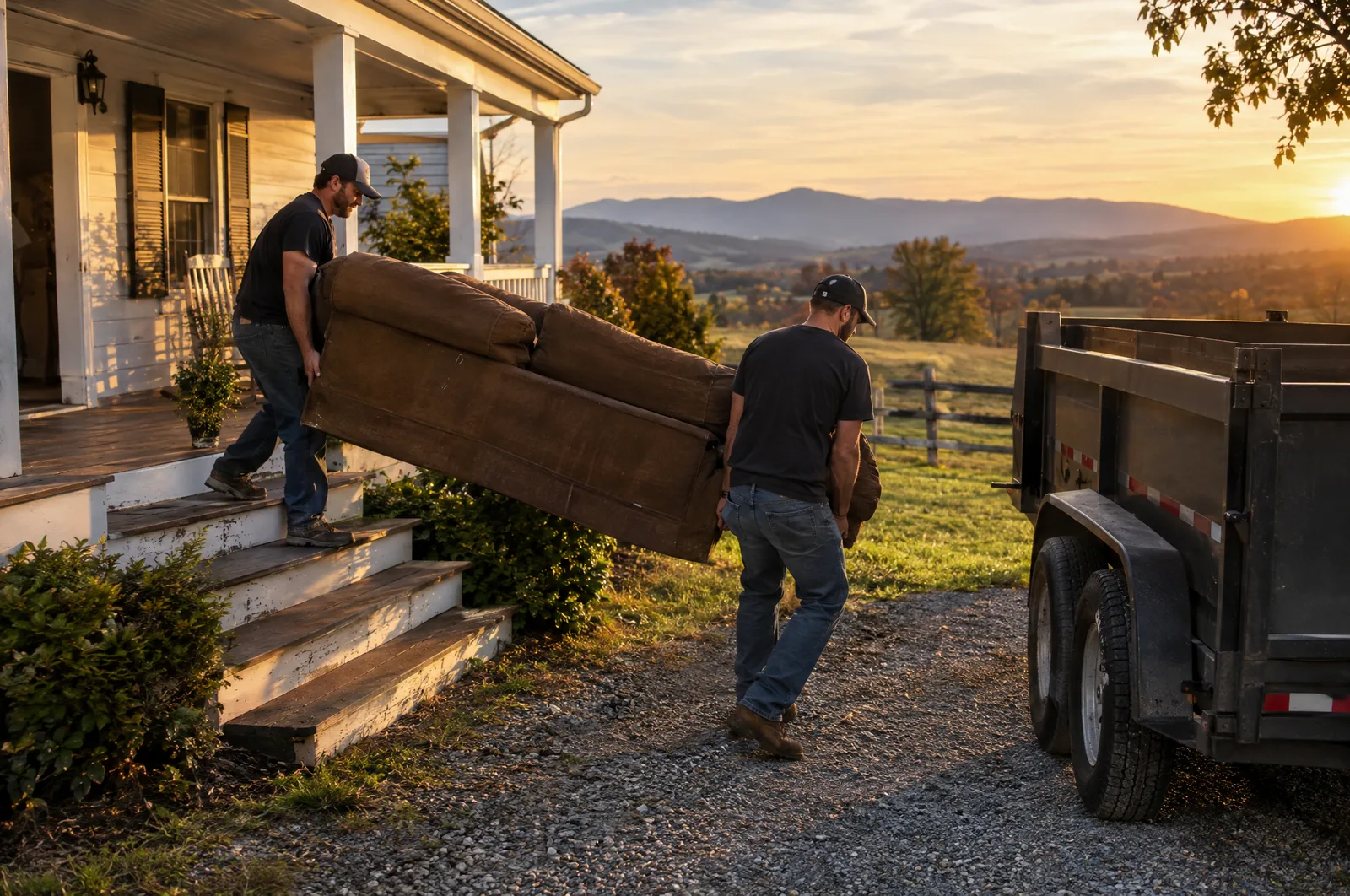 Two men carrying a couch down porch steps to a trailer
