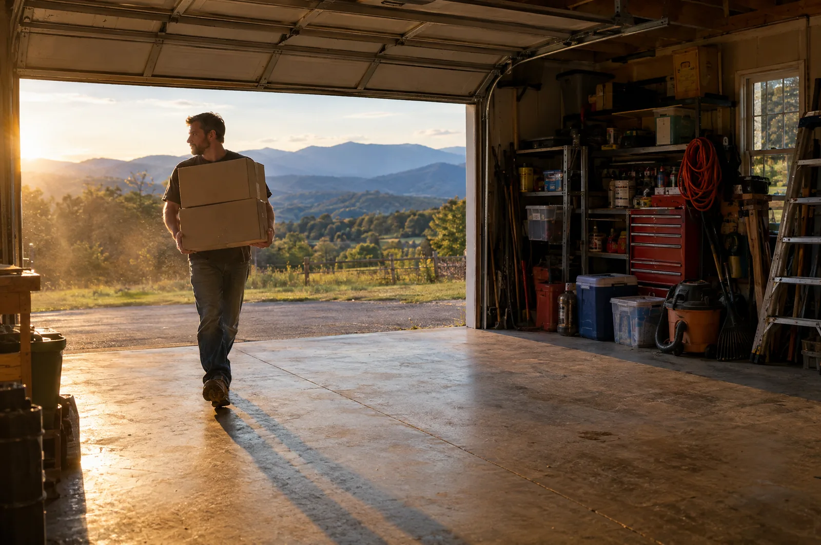 A man carrying boxes out of a half-cleared garage toward the Blue Ridge