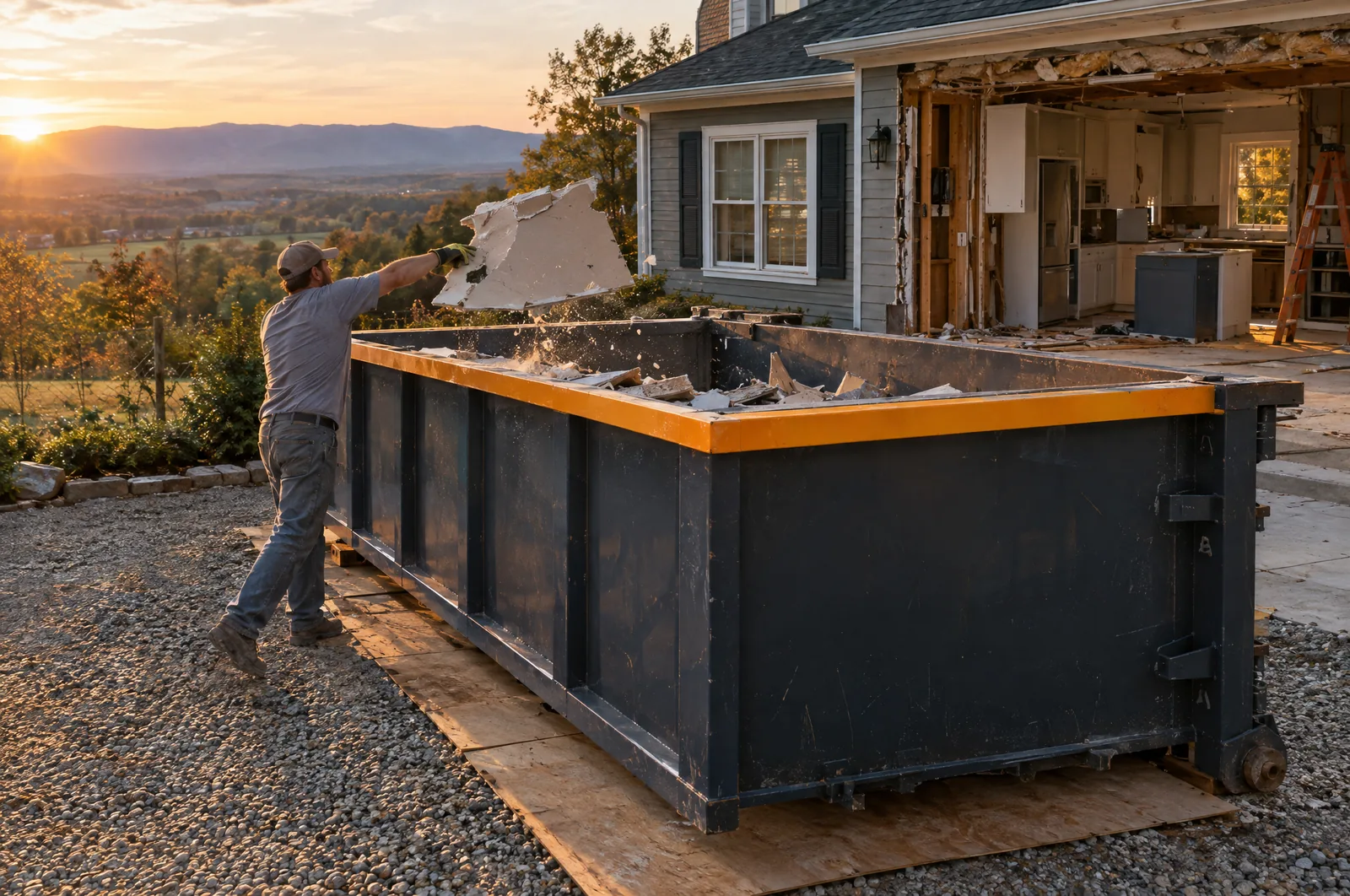 A contractor tossing drywall into a charcoal roll-off dumpster beside a house under remodel