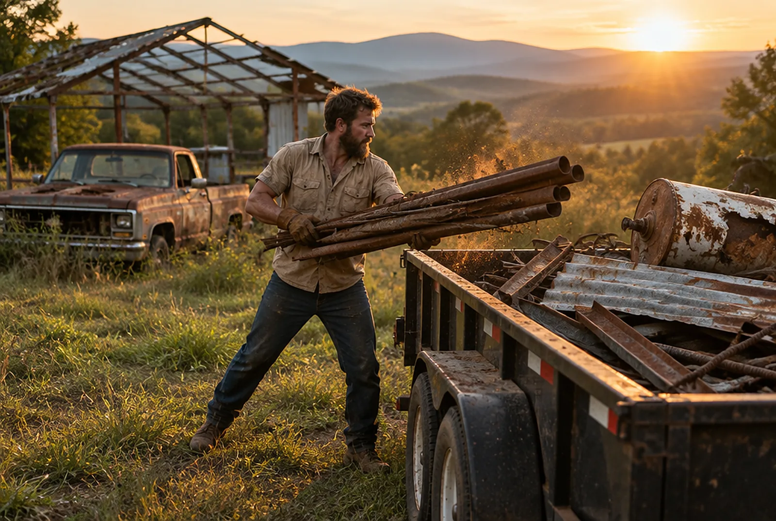A man heaving rusted steel pipe onto a trailer loaded with scrap metal, a junk pickup and a stripped carport frame behind him